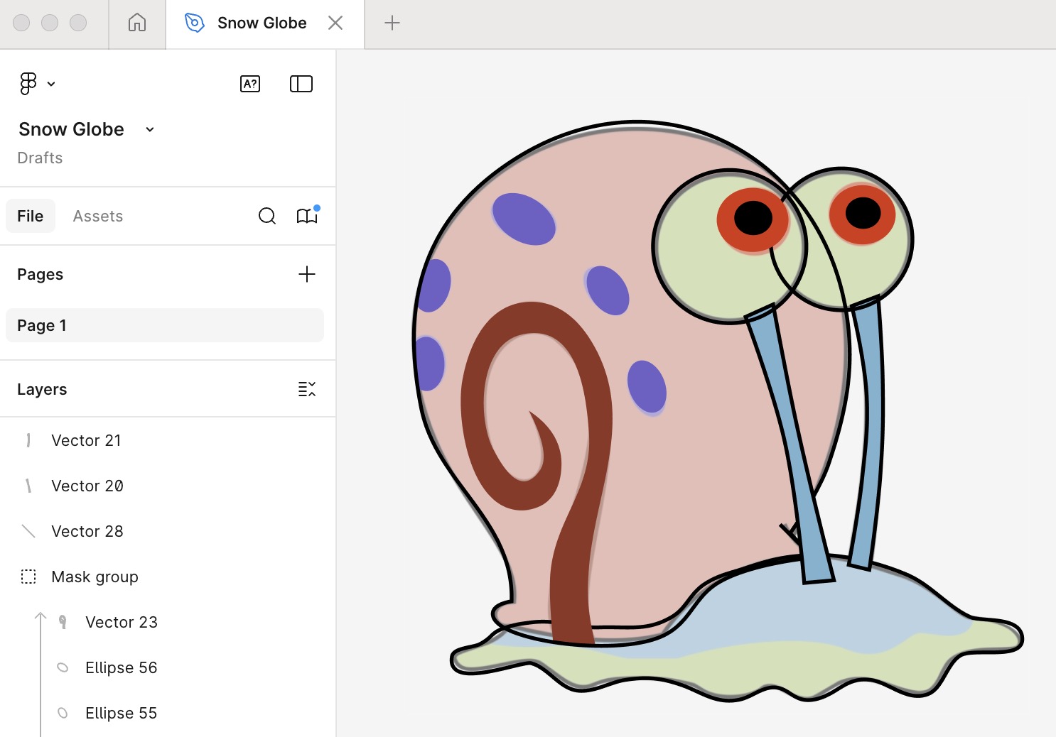 A screenshot of a vector tracing of Gary the Snail in Figma, drawn over an underlying reference image (indicated by the tracing process).